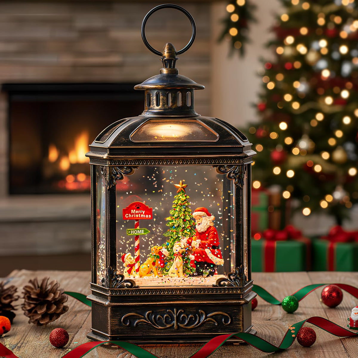 Christmas Snow Globe Lantern Water Glittering Cardinal with Music, USB Lined/Battery Operated Lighted Lantern for Christmas Festival Decoration Gifts