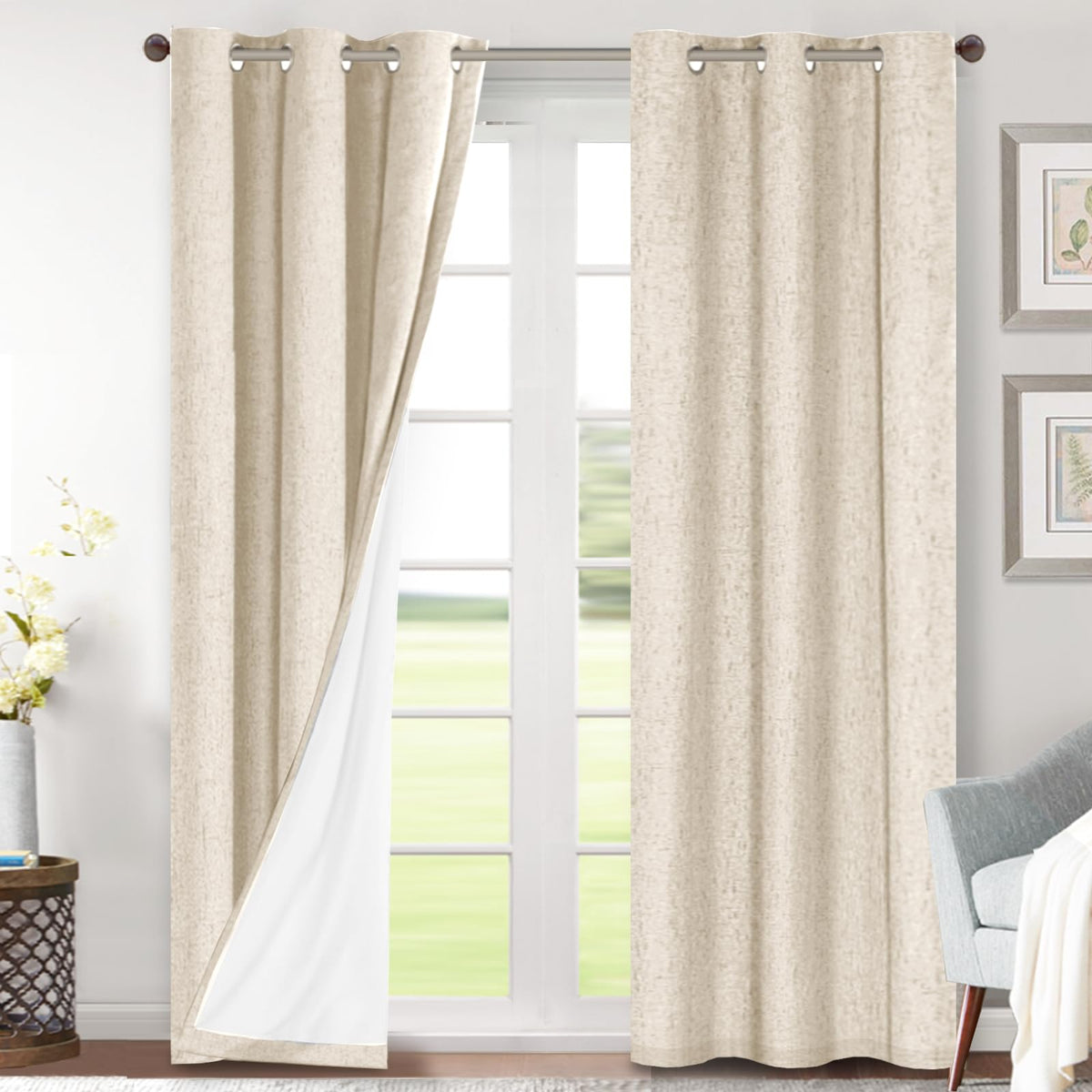 H.VERSAILTEX Linen Blackout Curtains 108 Inch Long 100% Blackout Heavy-Duty Draperies for Living Room Bedroom Thermal Insulated Textured Window Treatment Anti Rust Grommet, 2 Panels, Bright White