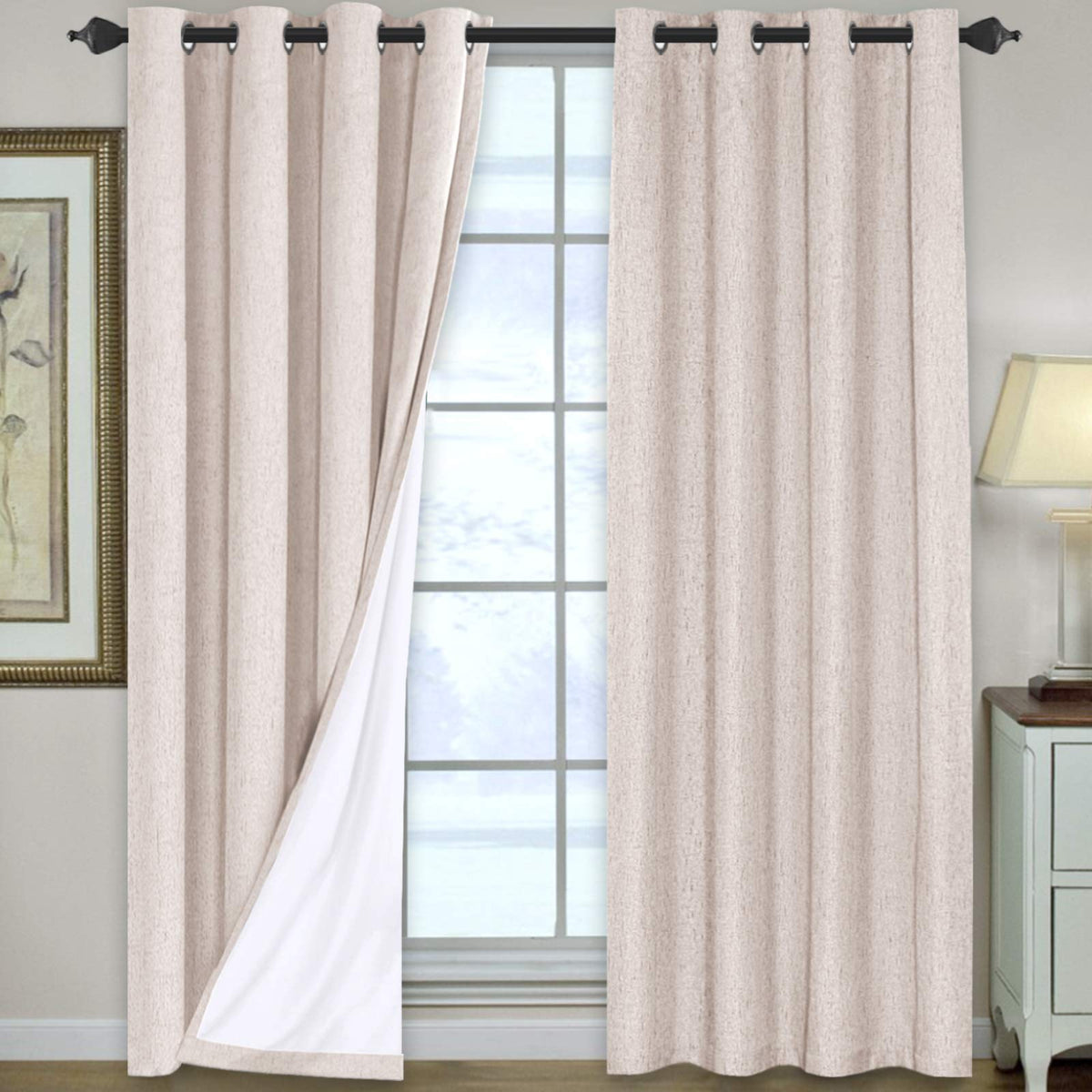 H.VERSAILTEX Linen Blackout Curtains 108 Inch Long 100% Blackout Heavy-Duty Draperies for Living Room Bedroom Thermal Insulated Textured Window Treatment Anti Rust Grommet, 2 Panels, Bright White