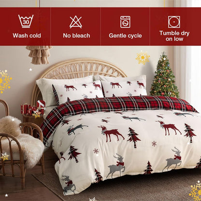 Conworld Christmas Duvet Cover Queen Size Set, Soft Reversible Red Plaid Reindeer Snowflake Printed Holiday Bedding Set with Zipper Closure, Corner Ties, 2 Pillowcases, 1 Duvet Cover 90x90 inches