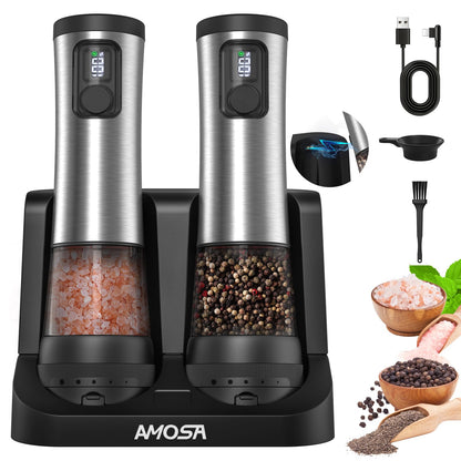 Electric Salt and Pepper Grinder Set, Battery Display & Storage Base, Black