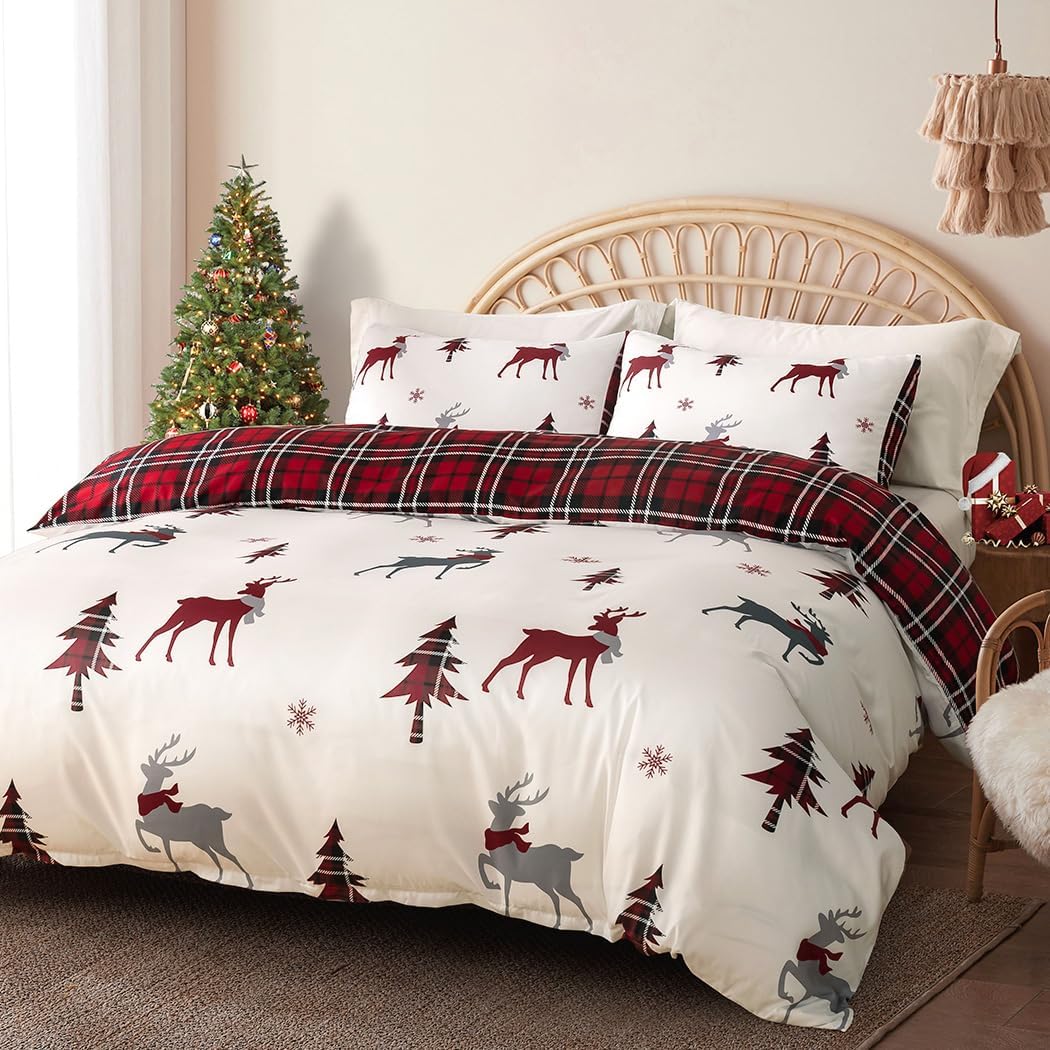 Conworld Christmas Duvet Cover Queen Size Set, Soft Reversible Red Plaid Reindeer Snowflake Printed Holiday Bedding Set with Zipper Closure, Corner Ties, 2 Pillowcases, 1 Duvet Cover 90x90 inches