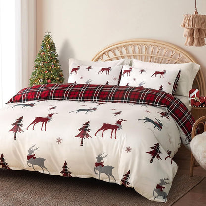 Conworld Christmas Duvet Cover Queen Size Set, Soft Reversible Red Plaid Reindeer Snowflake Printed Holiday Bedding Set with Zipper Closure, Corner Ties, 2 Pillowcases, 1 Duvet Cover 90x90 inches