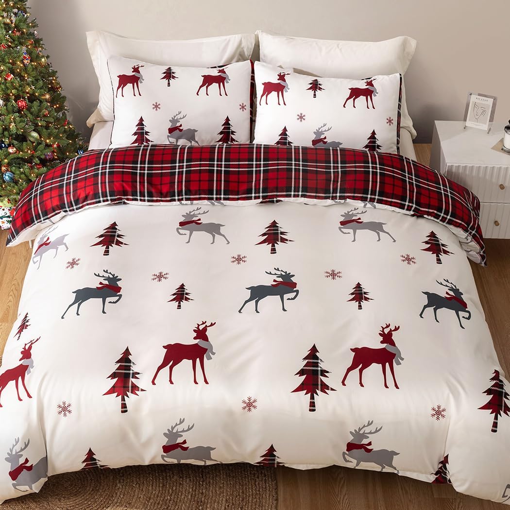 Conworld Christmas Duvet Cover Queen Size Set, Soft Reversible Red Plaid Reindeer Snowflake Printed Holiday Bedding Set with Zipper Closure, Corner Ties, 2 Pillowcases, 1 Duvet Cover 90x90 inches