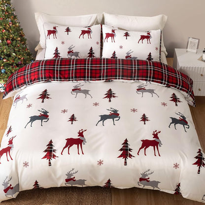 Conworld Christmas Duvet Cover Queen Size Set, Soft Reversible Red Plaid Reindeer Snowflake Printed Holiday Bedding Set with Zipper Closure, Corner Ties, 2 Pillowcases, 1 Duvet Cover 90x90 inches