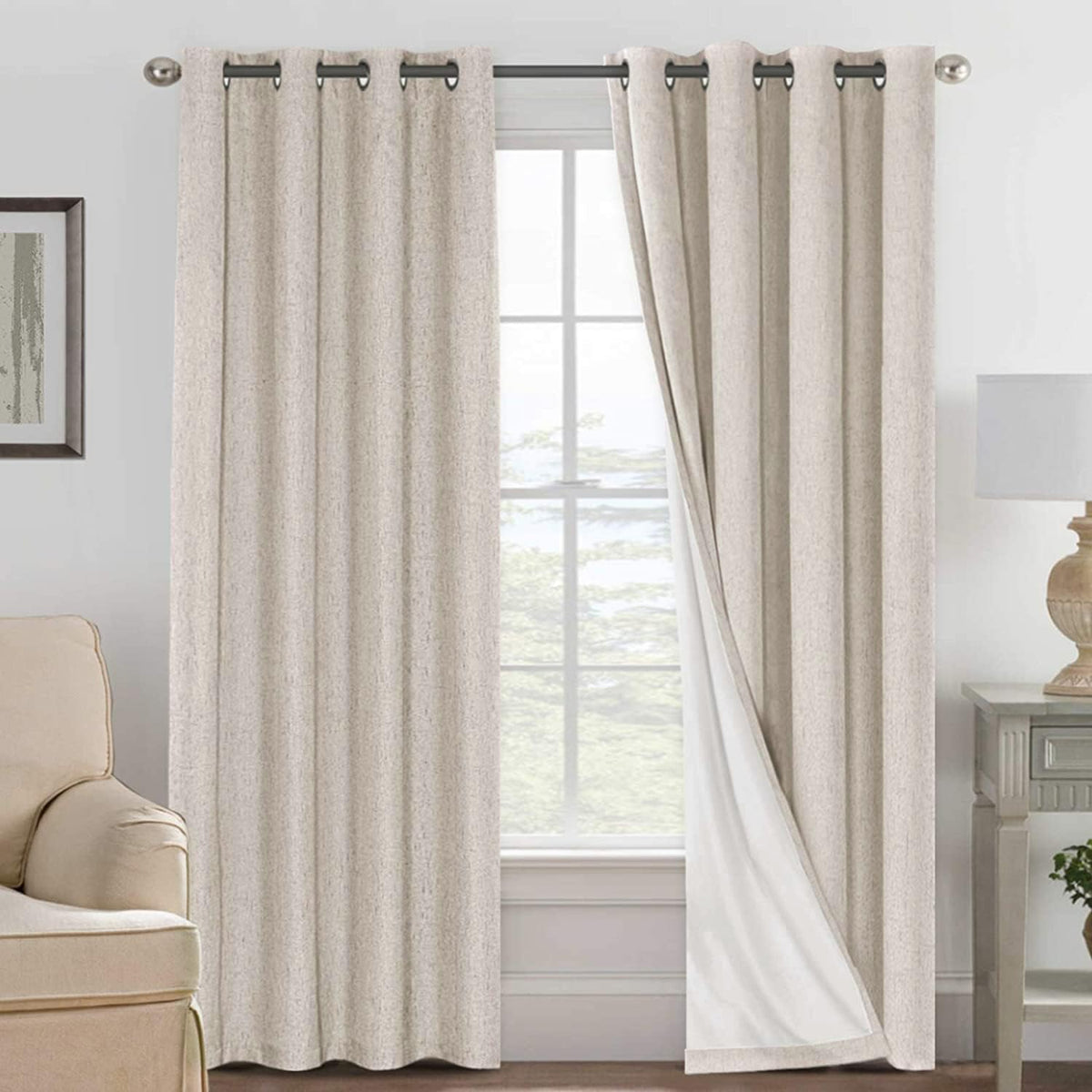 H.VERSAILTEX Linen Blackout Curtains 108 Inch Long 100% Blackout Heavy-Duty Draperies for Living Room Bedroom Thermal Insulated Textured Window Treatment Anti Rust Grommet, 2 Panels, Bright White