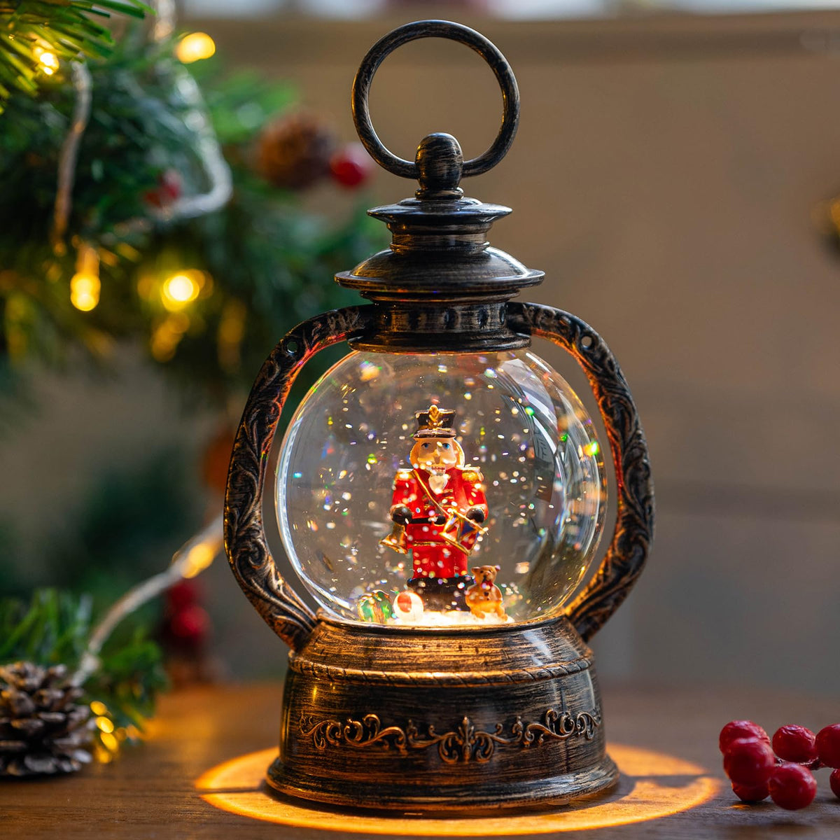 Christmas Snow Globe Lantern Water Glittering Cardinal with Music, USB Lined/Battery Operated Lighted Lantern for Christmas Festival Decoration Gifts