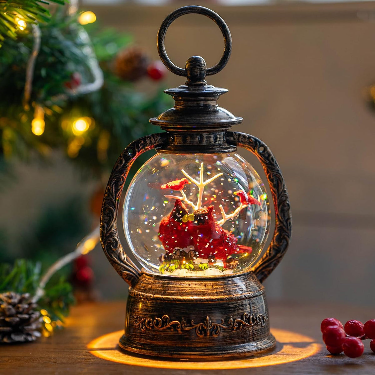 Christmas Snow Globe Lantern Water Glittering Cardinal with Music, USB Lined/Battery Operated Lighted Lantern for Christmas Festival Decoration Gifts