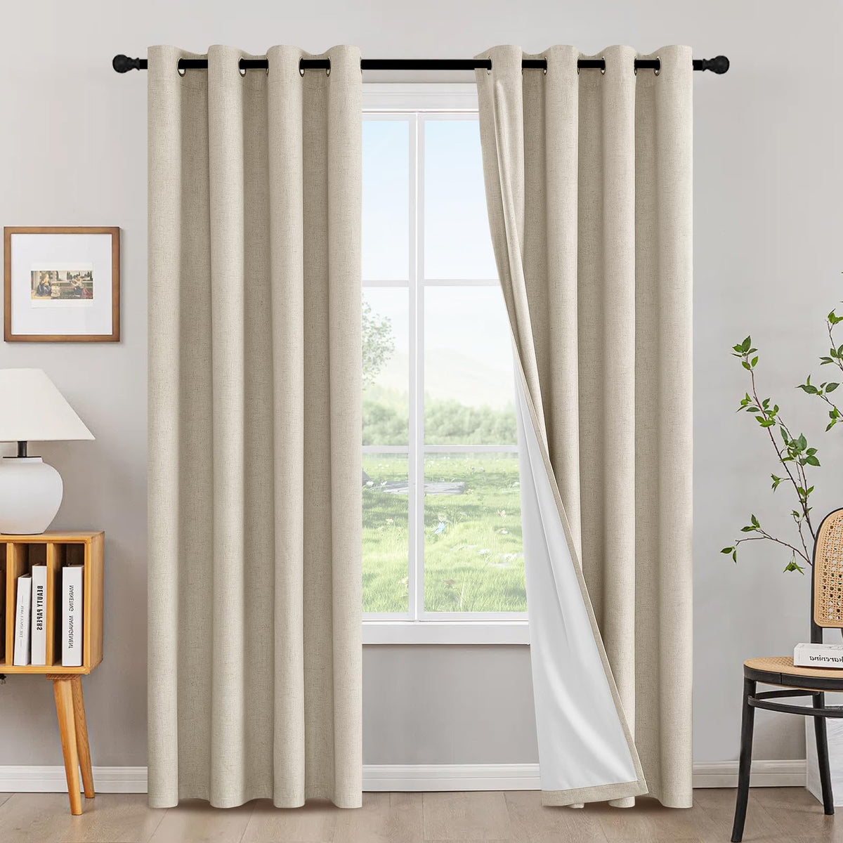 H.VERSAILTEX Linen Blackout Curtains 108 Inch Long 100% Blackout Heavy-Duty Draperies for Living Room Bedroom Thermal Insulated Textured Window Treatment Anti Rust Grommet, 2 Panels, Bright White