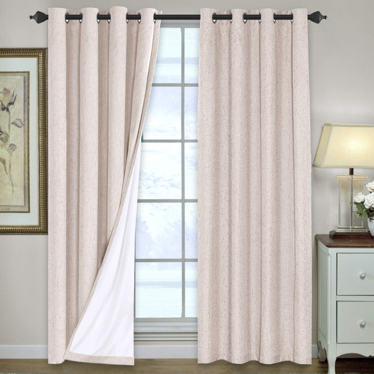 H.VERSAILTEX Linen Blackout Curtains 108 Inch Long 100% Blackout Heavy-Duty Draperies for Living Room Bedroom Thermal Insulated Textured Window Treatment Anti Rust Grommet, 2 Panels, Bright White