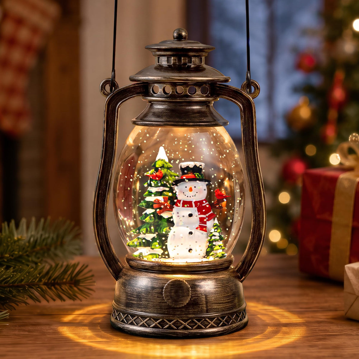 Christmas Snow Globe Lantern Water Glittering Cardinal with Music, USB Lined/Battery Operated Lighted Lantern for Christmas Festival Decoration Gifts