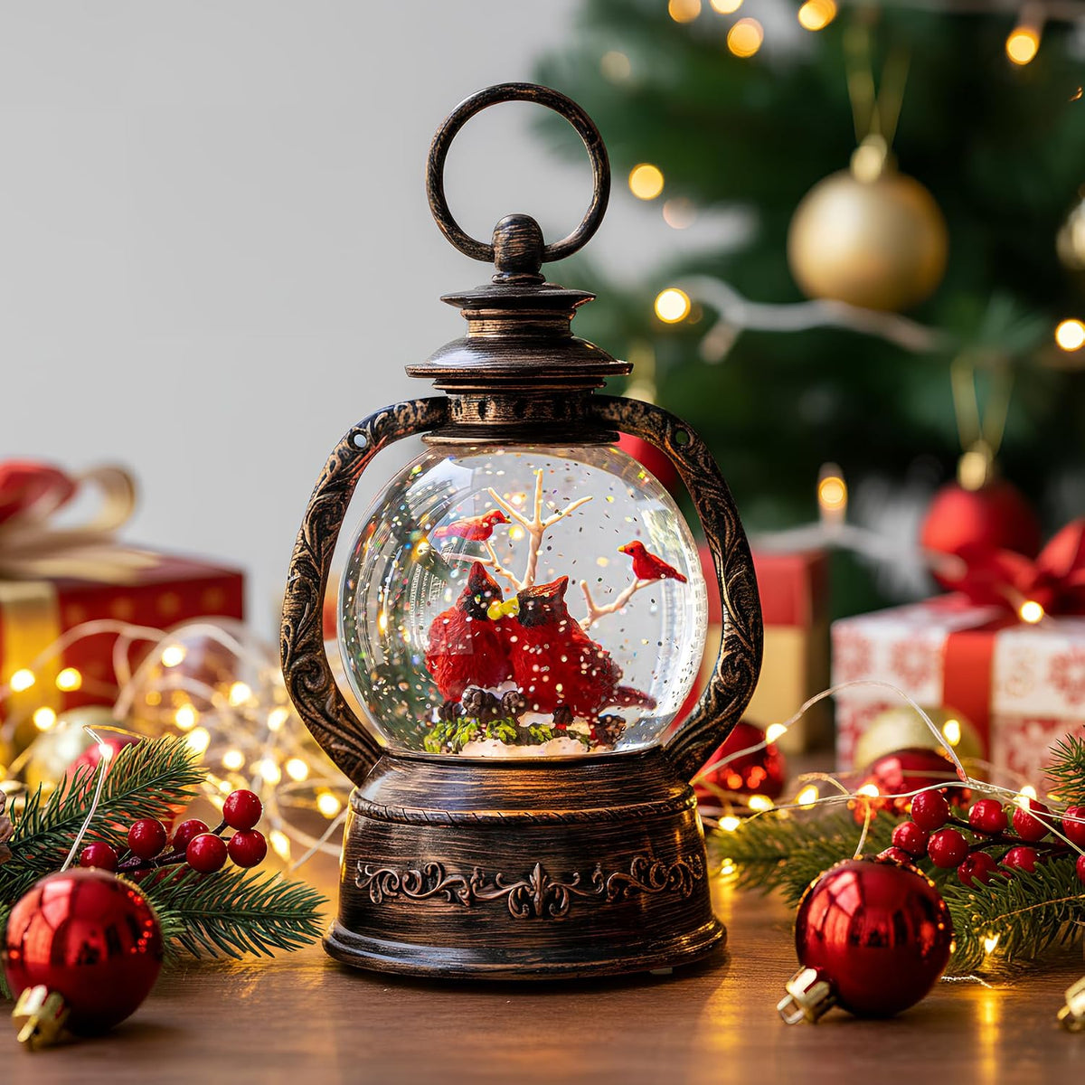 Christmas Snow Globe Lantern Water Glittering Cardinal with Music, USB Lined/Battery Operated Lighted Lantern for Christmas Festival Decoration Gifts