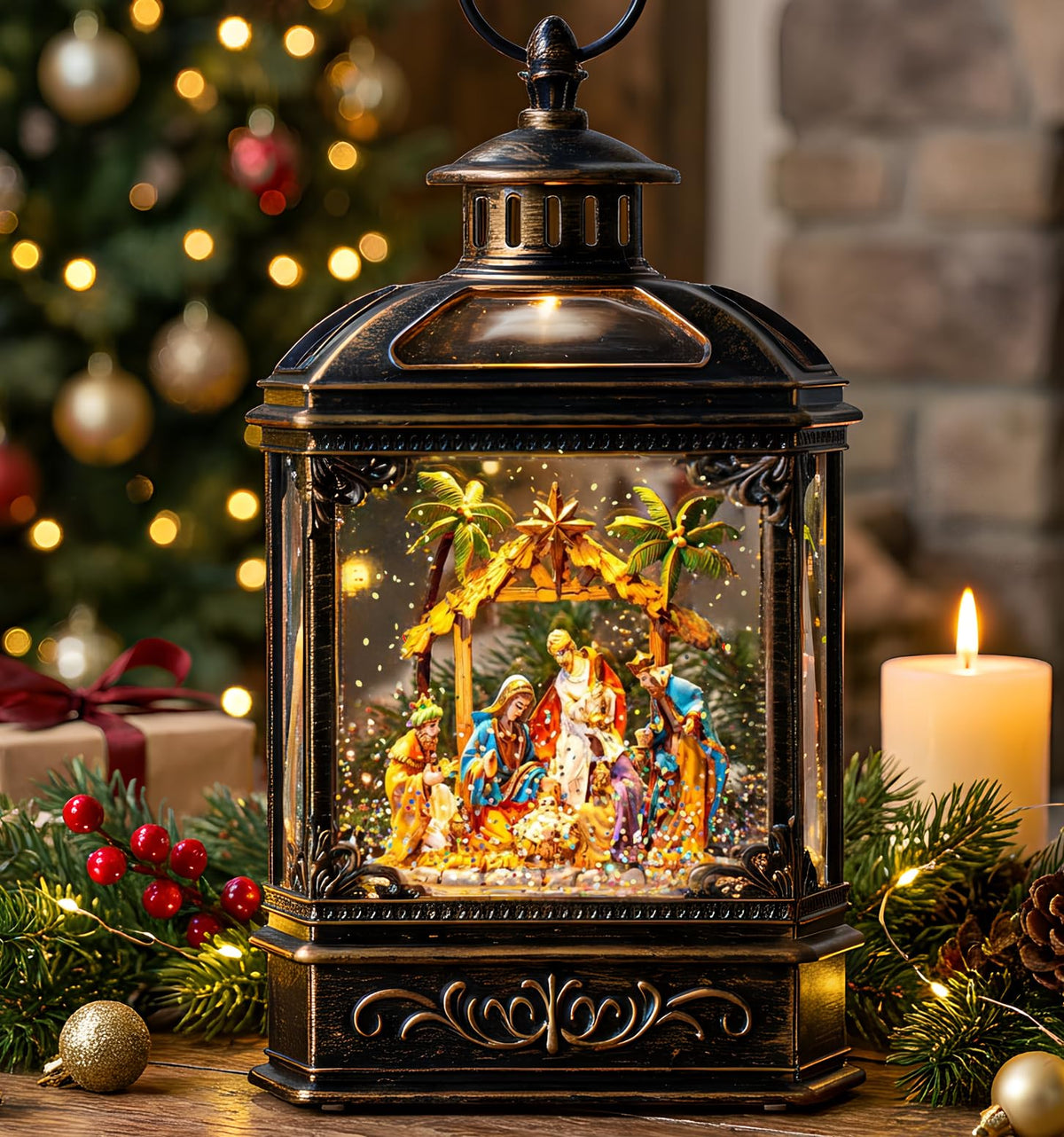 Christmas Snow Globe Lantern Water Glittering Cardinal with Music, USB Lined/Battery Operated Lighted Lantern for Christmas Festival Decoration Gifts