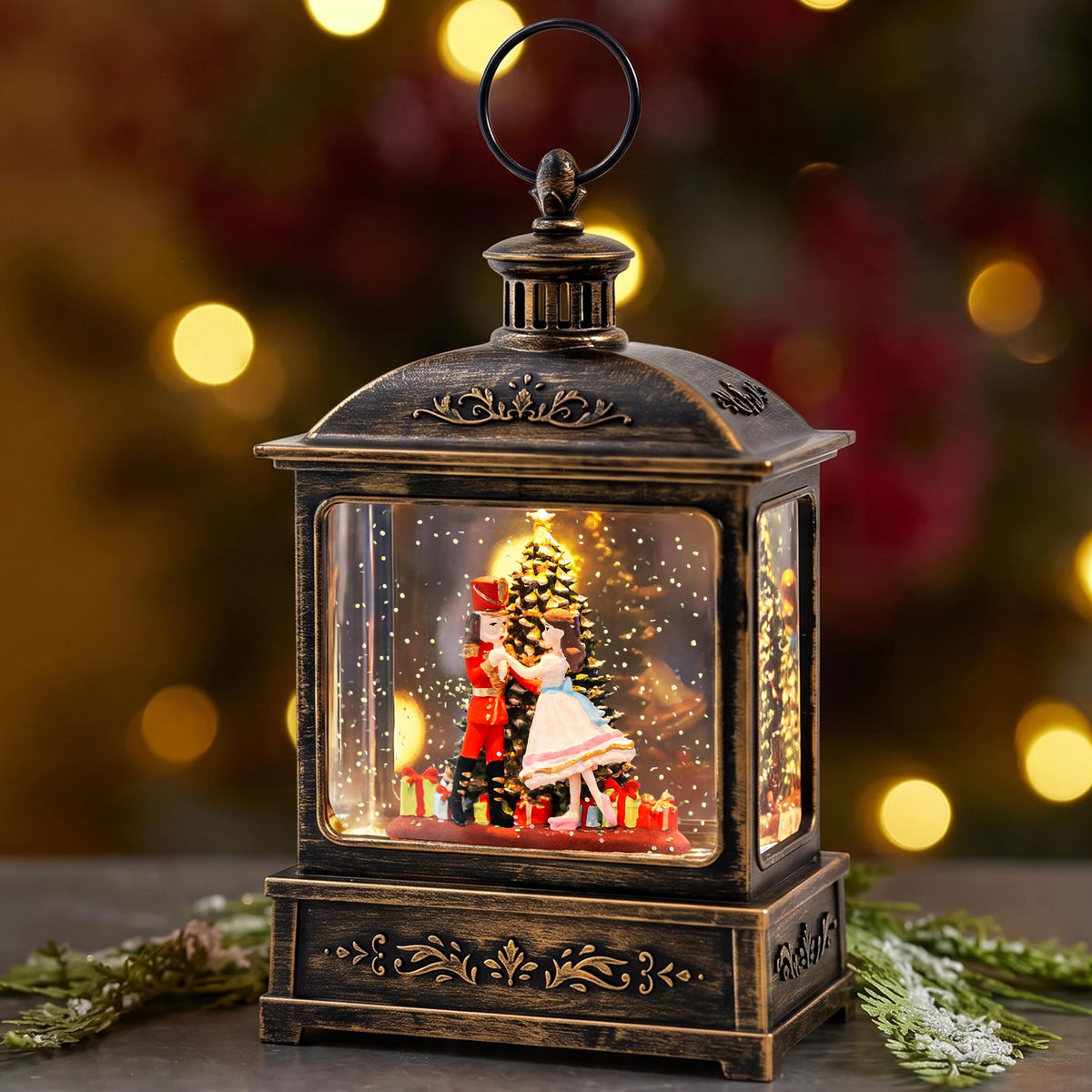 Christmas Snow Globe Lantern Water Glittering Cardinal with Music, USB Lined/Battery Operated Lighted Lantern for Christmas Festival Decoration Gifts