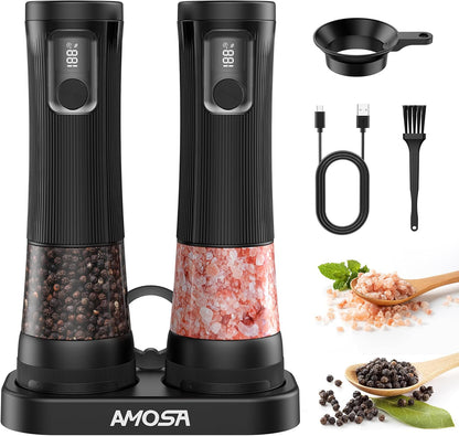 Electric Salt and Pepper Grinder Set, Battery Display & Storage Base, Black