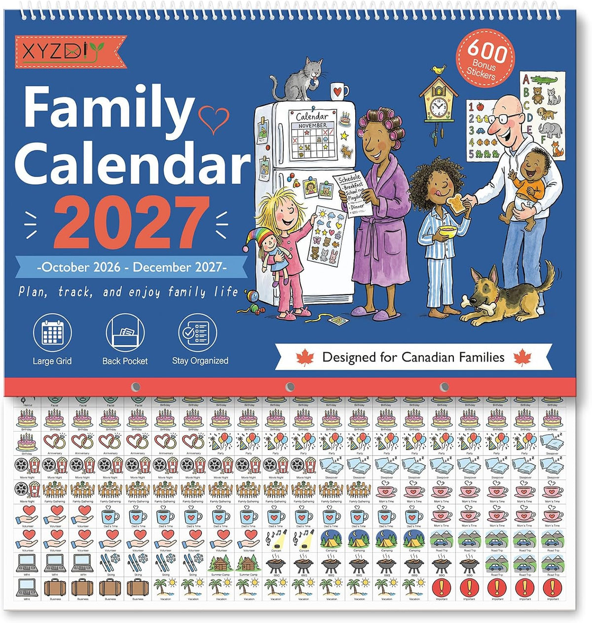 Family Calendar 2027 with 600 Stickers & Pocket, 14.6"x19.7"