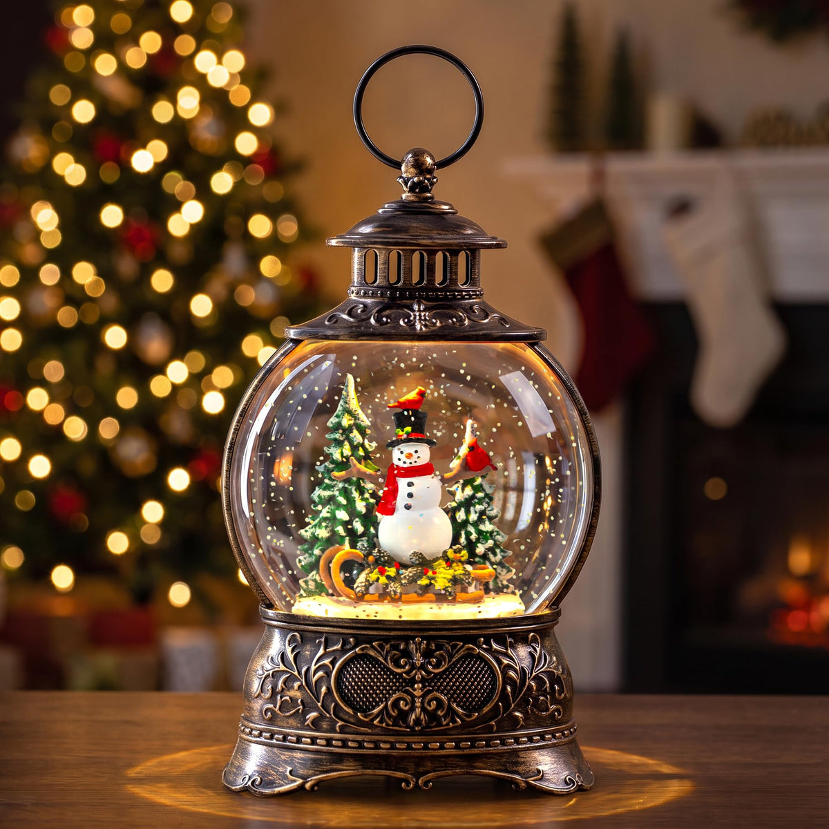 Christmas Snow Globe Lantern Water Glittering Cardinal with Music, USB Lined/Battery Operated Lighted Lantern for Christmas Festival Decoration Gifts