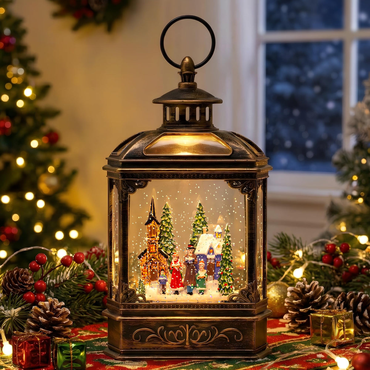 Christmas Snow Globe Lantern Water Glittering Cardinal with Music, USB Lined/Battery Operated Lighted Lantern for Christmas Festival Decoration Gifts