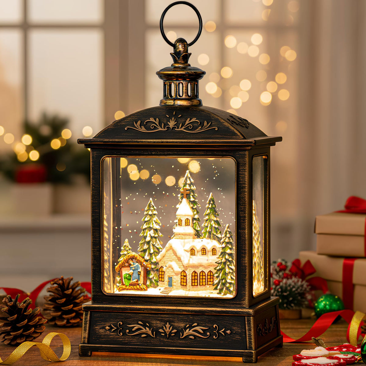 Christmas Snow Globe Lantern Water Glittering Cardinal with Music, USB Lined/Battery Operated Lighted Lantern for Christmas Festival Decoration Gifts