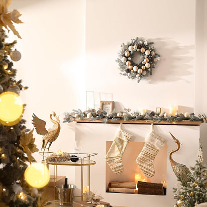 Valery Madelyn Pre-Lit Christmas Wreath for Front Door with Lights, 20 Inch Large Chritsmas Wreath with Pine Cone White Xmas Balls for Fireplace Window Outdoor Table Centerpiece Christmas Ornament