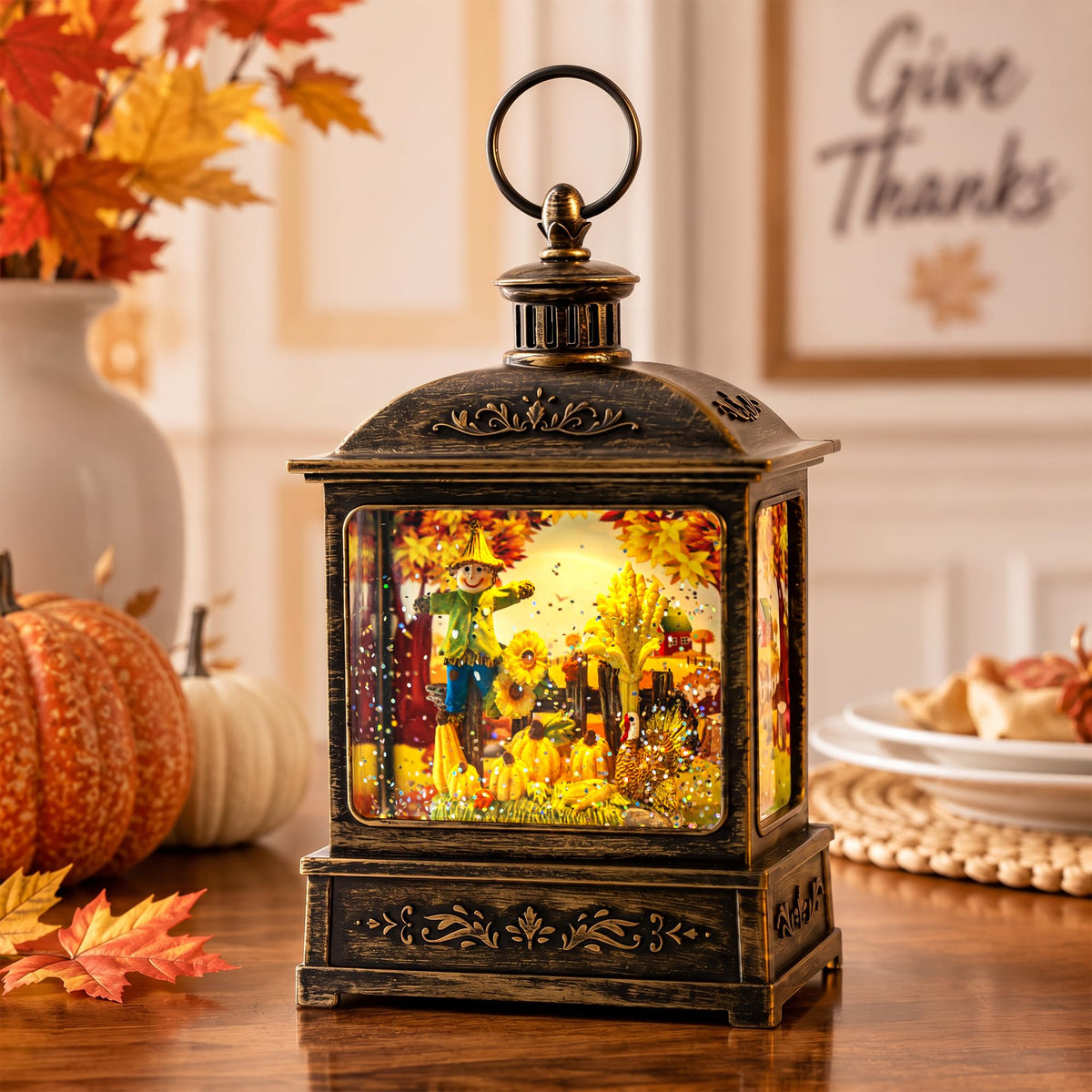 Christmas Snow Globe Lantern Water Glittering Cardinal with Music, USB Lined/Battery Operated Lighted Lantern for Christmas Festival Decoration Gifts