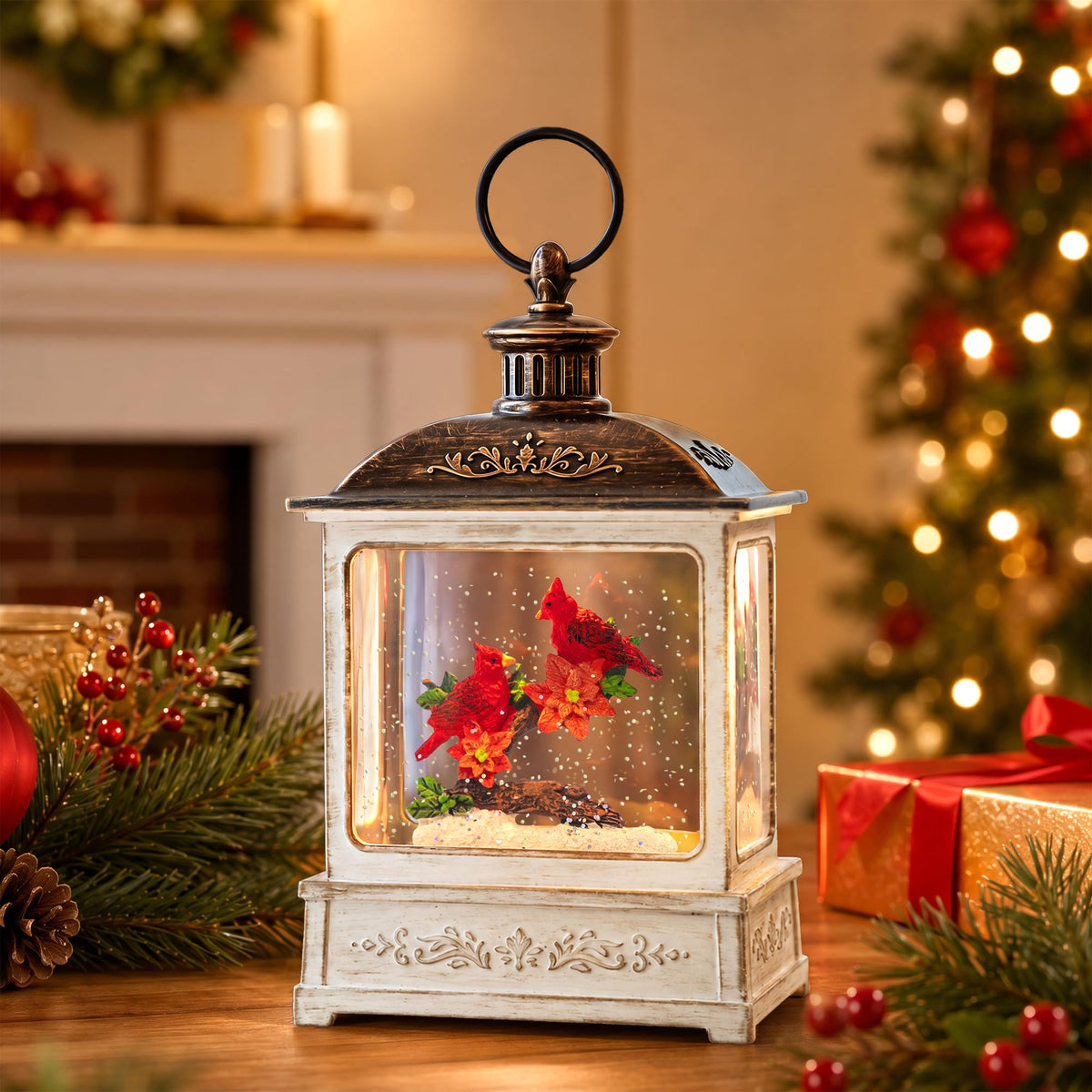 Christmas Snow Globe Lantern Water Glittering Cardinal with Music, USB Lined/Battery Operated Lighted Lantern for Christmas Festival Decoration Gifts