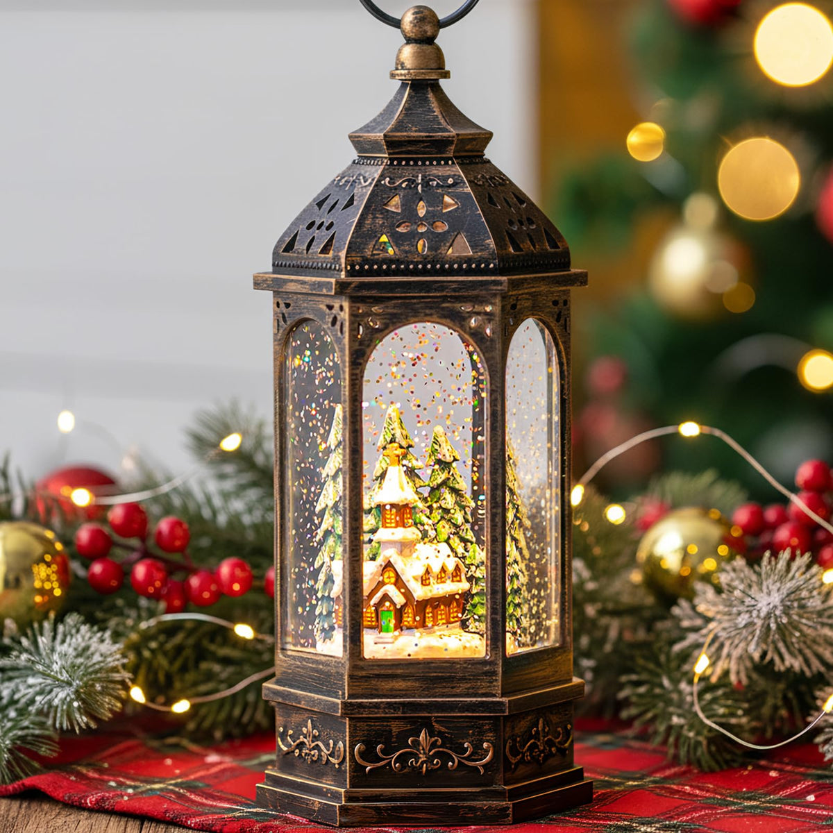 Christmas Snow Globe Lantern Water Glittering Cardinal with Music, USB Lined/Battery Operated Lighted Lantern for Christmas Festival Decoration Gifts