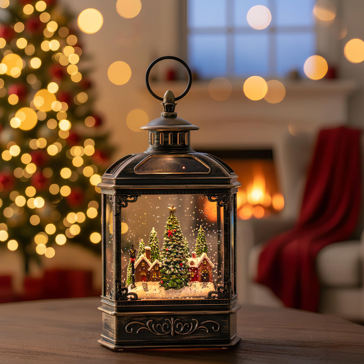 Christmas Snow Globe Lantern Water Glittering Cardinal with Music, USB Lined/Battery Operated Lighted Lantern for Christmas Festival Decoration Gifts