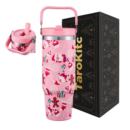 TaroKitc 30 oz Christmas Insulated Tumbler with Flip Straw and Top Handle