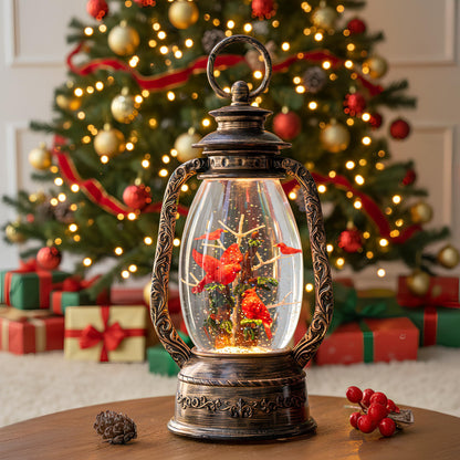 Christmas Snow Globe Lantern Water Glittering Cardinal with Music, USB Lined/Battery Operated Lighted Lantern for Christmas Festival Decoration Gifts
