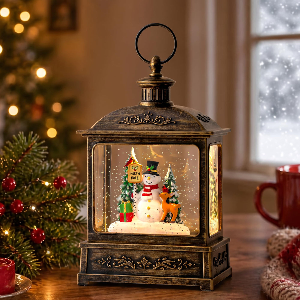Christmas Snow Globe Lantern Water Glittering Cardinal with Music, USB Lined/Battery Operated Lighted Lantern for Christmas Festival Decoration Gifts
