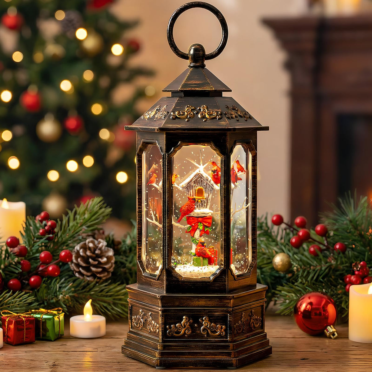 Christmas Snow Globe Lantern Water Glittering Cardinal with Music, USB Lined/Battery Operated Lighted Lantern for Christmas Festival Decoration Gifts