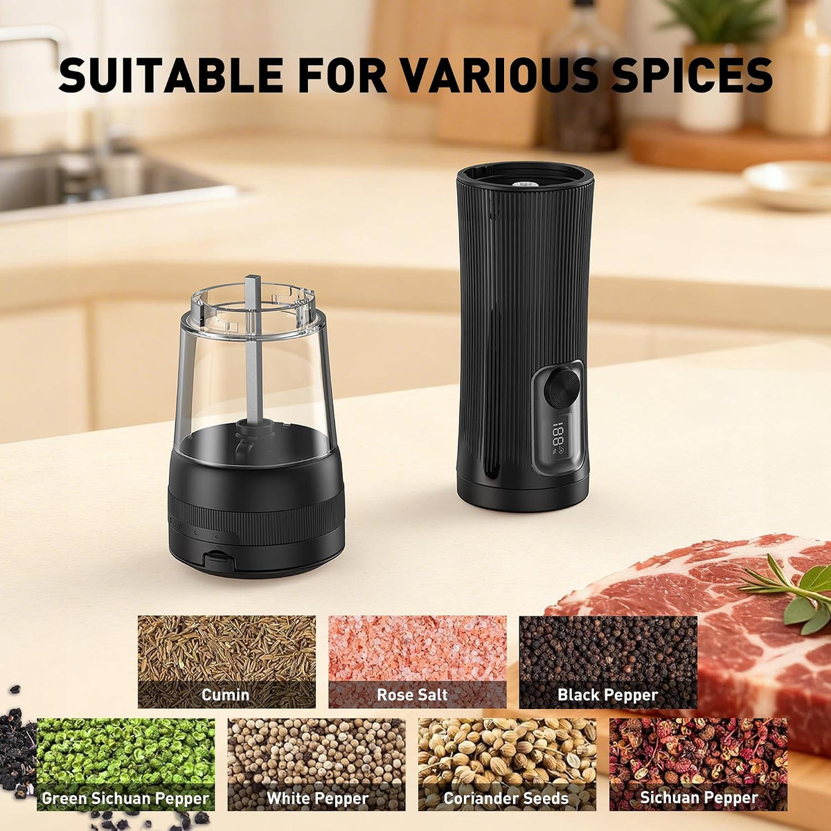 Electric Salt and Pepper Grinder Set, Battery Display & Storage Base, Black