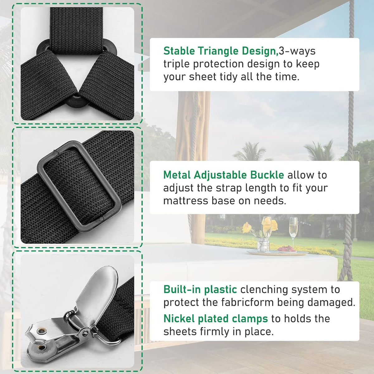 Sheet Straps Set 5 PCS. Bed Sheet Clips for Corners, Bed Sheet Holder Bed Scrunchie Elastic Adjustable Bedsheet Fasteners, Triangle Fitted Sheet Clips to Hold Sheets in Place (Black)