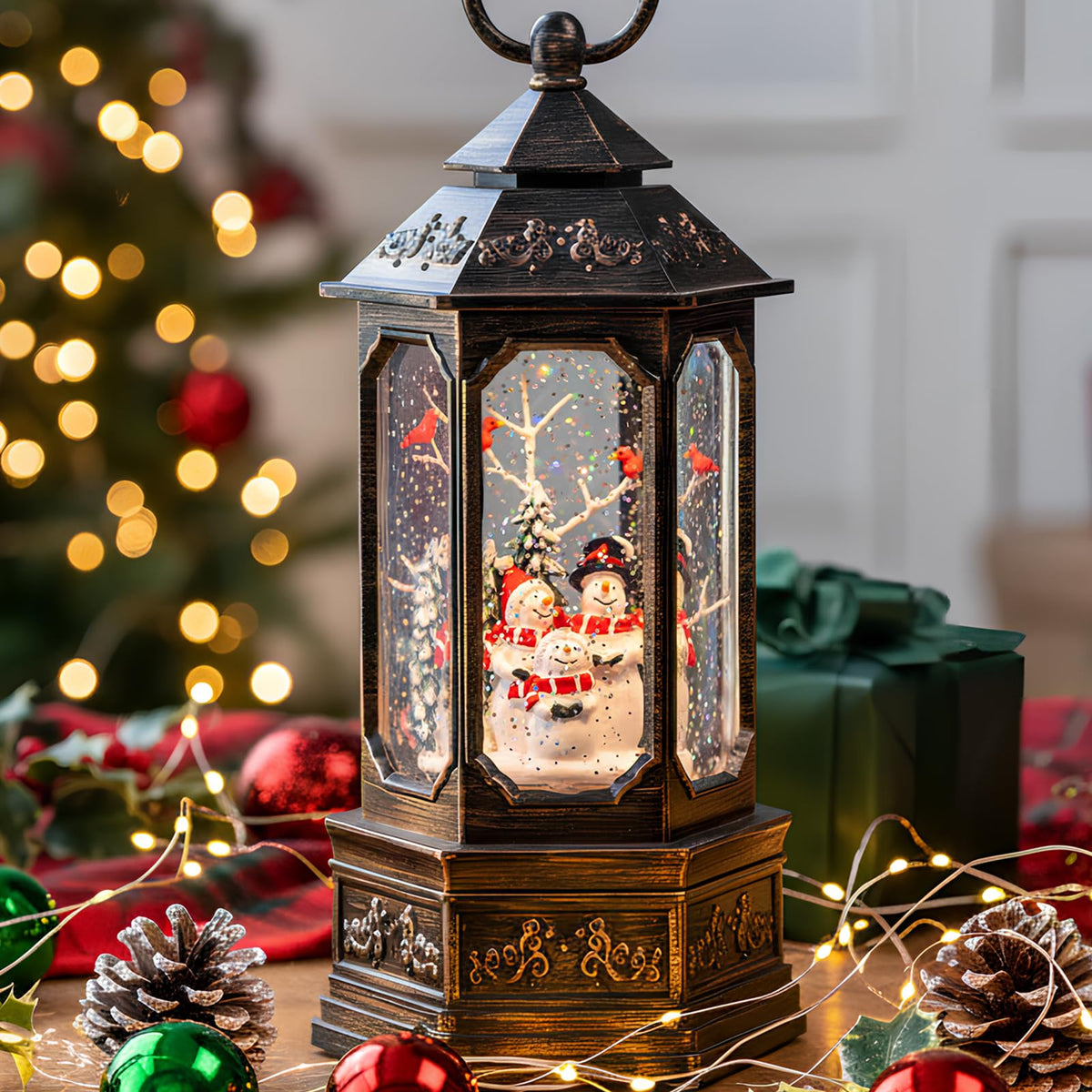 Christmas Snow Globe Lantern Water Glittering Cardinal with Music, USB Lined/Battery Operated Lighted Lantern for Christmas Festival Decoration Gifts