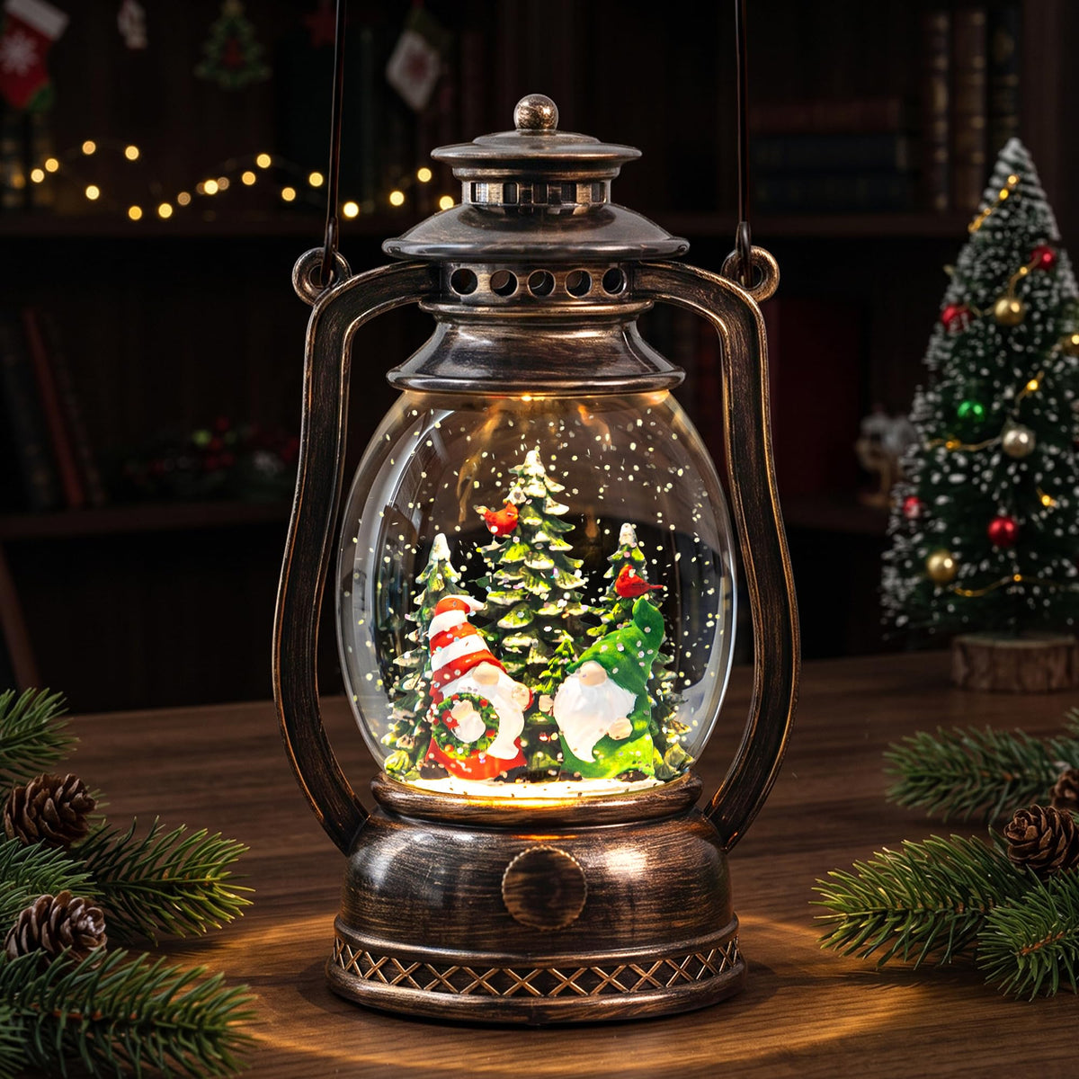 Christmas Snow Globe Lantern Water Glittering Cardinal with Music, USB Lined/Battery Operated Lighted Lantern for Christmas Festival Decoration Gifts