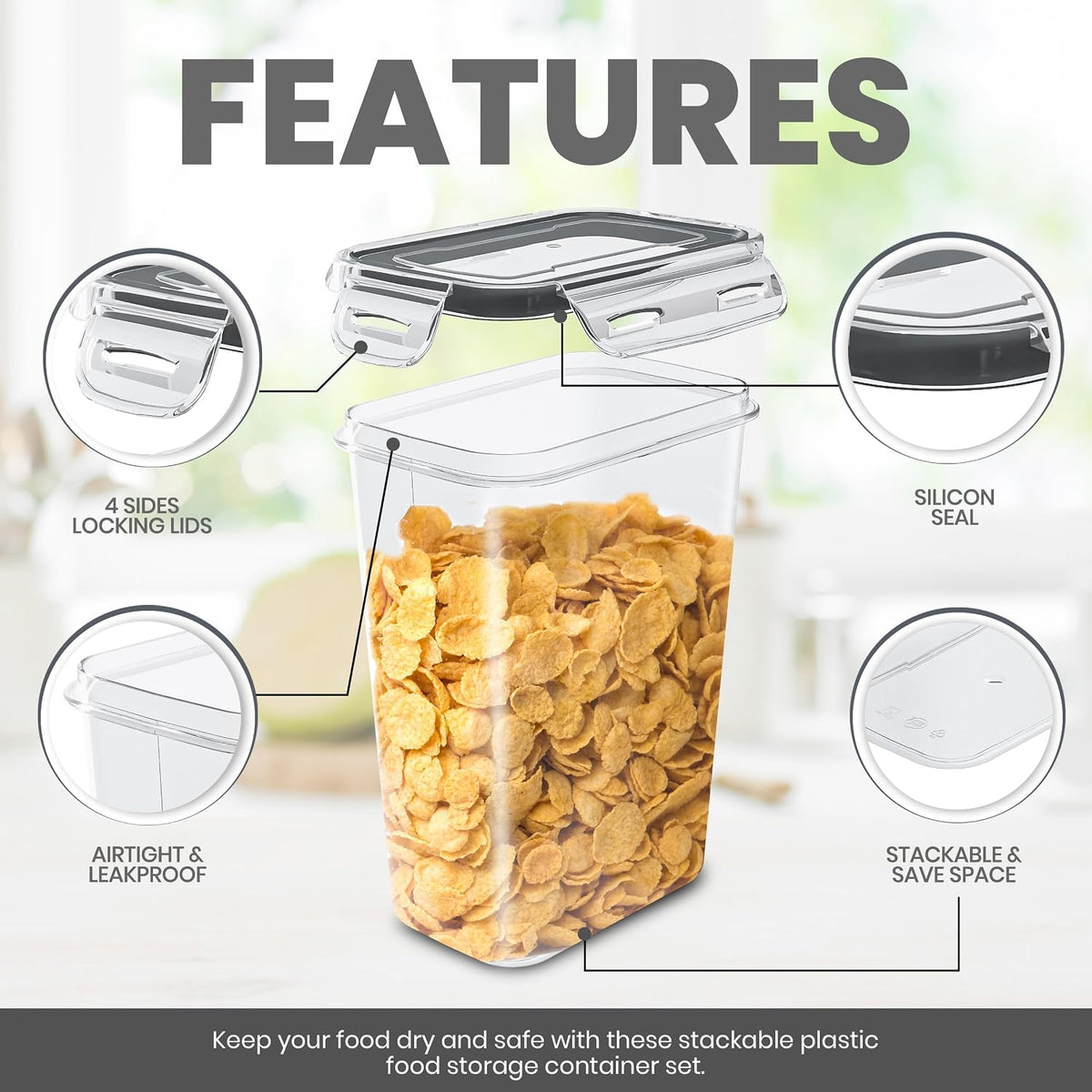 KICHLY 16 Pcs Airtight Food Storage Containers with Lids, Pantry Storage Containers for Kitchen Organization and Cereal Storage