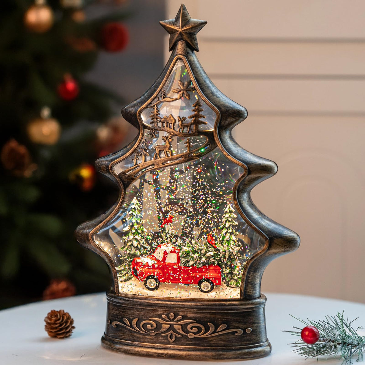 Christmas Snow Globe Lantern Water Glittering Cardinal with Music, USB Lined/Battery Operated Lighted Lantern for Christmas Festival Decoration Gifts