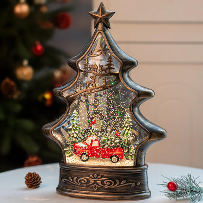 Christmas Snow Globe Lantern Water Glittering Cardinal with Music, USB Lined/Battery Operated Lighted Lantern for Christmas Festival Decoration Gifts