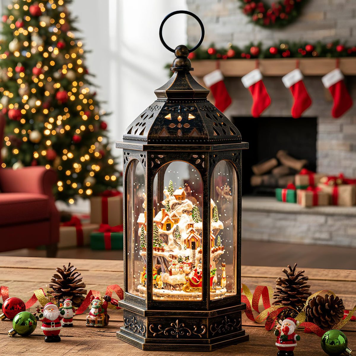 Christmas Snow Globe Lantern Water Glittering Cardinal with Music, USB Lined/Battery Operated Lighted Lantern for Christmas Festival Decoration Gifts