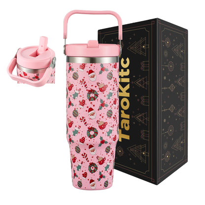 TaroKitc 30 oz Christmas Insulated Tumbler with Flip Straw and Top Handle