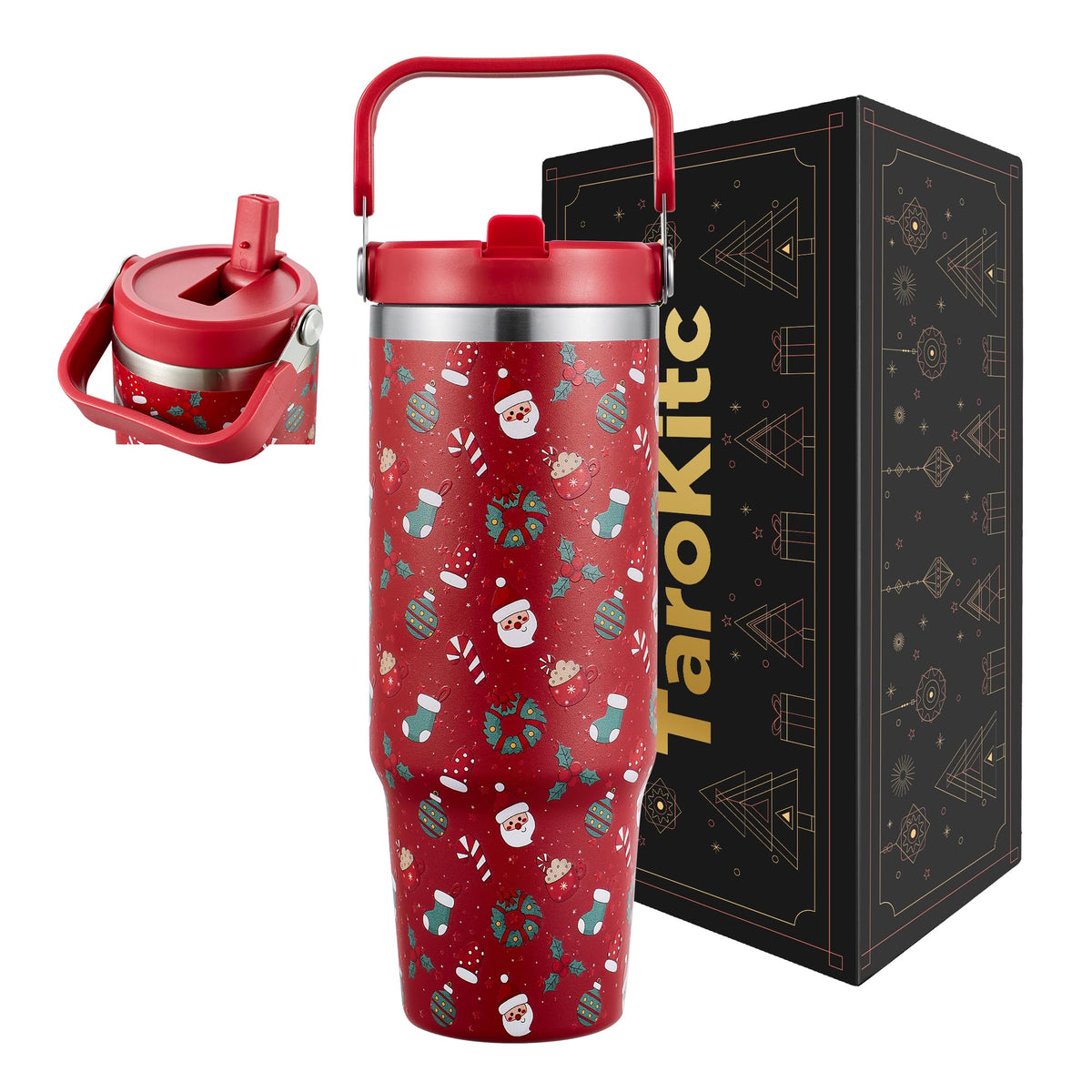 TaroKitc 30 oz Christmas Insulated Tumbler with Flip Straw and Top Handle