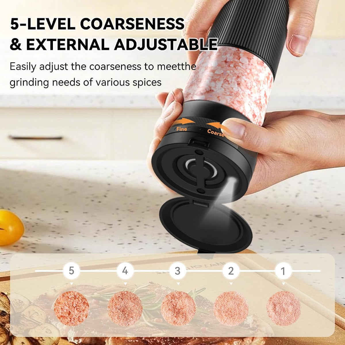 Electric Salt and Pepper Grinder Set, Battery Display & Storage Base, Black