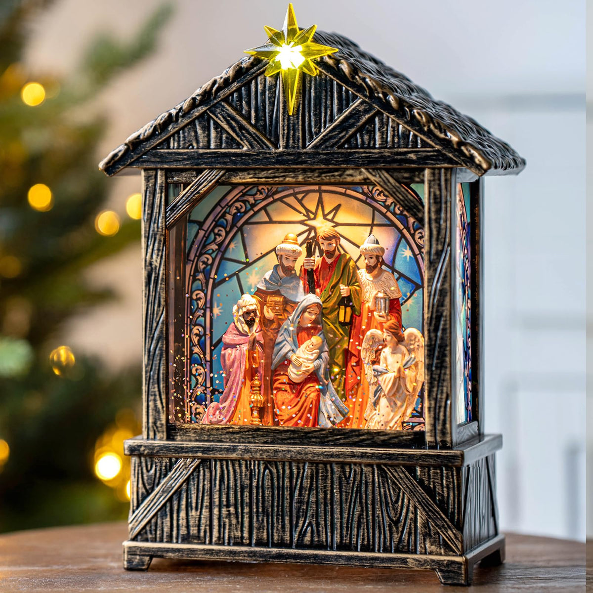 Christmas Snow Globe Lantern Water Glittering Cardinal with Music, USB Lined/Battery Operated Lighted Lantern for Christmas Festival Decoration Gifts