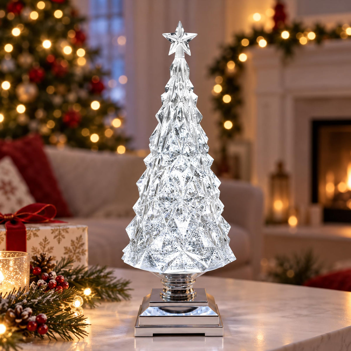 Christmas Snow Globe Lantern Water Glittering Cardinal with Music, USB Lined/Battery Operated Lighted Lantern for Christmas Festival Decoration Gifts