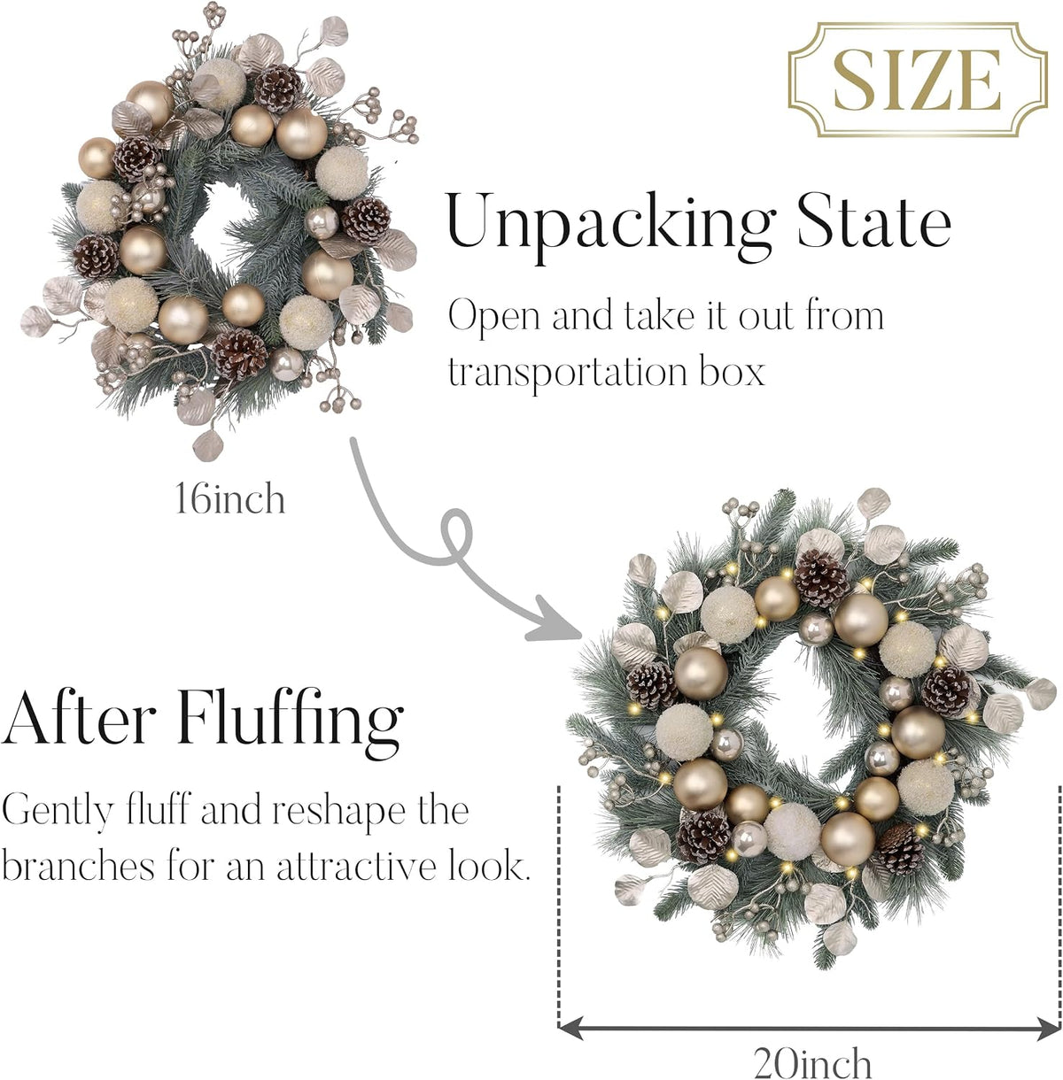Valery Madelyn Pre-Lit Christmas Wreath for Front Door with Lights, 20 Inch Large Chritsmas Wreath with Pine Cone White Xmas Balls for Fireplace Window Outdoor Table Centerpiece Christmas Ornament