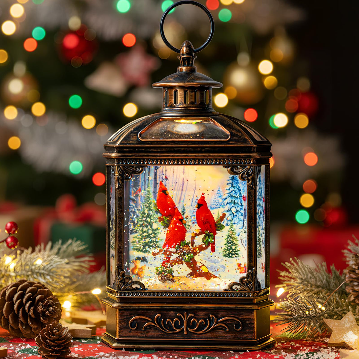 Christmas Snow Globe Lantern Water Glittering Cardinal with Music, USB Lined/Battery Operated Lighted Lantern for Christmas Festival Decoration Gifts