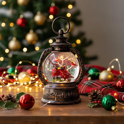 Christmas Snow Globe Lantern Water Glittering Cardinal with Music, USB Lined/Battery Operated Lighted Lantern for Christmas Festival Decoration Gifts