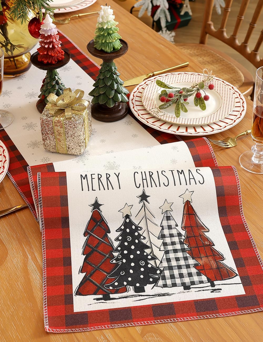 Set of 2 Christmas Table Runner, TOYPOPOR 2Pcs Buffalo Linen Christmas Trees Dining Table Runner for Xmas Holiday Seasonal Winter Decoration Indoor Outdoor Party Wedding - 72Inches