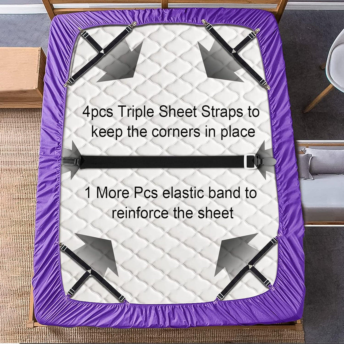 Sheet Straps Set 5 PCS. Bed Sheet Clips for Corners, Bed Sheet Holder Bed Scrunchie Elastic Adjustable Bedsheet Fasteners, Triangle Fitted Sheet Clips to Hold Sheets in Place (Black)